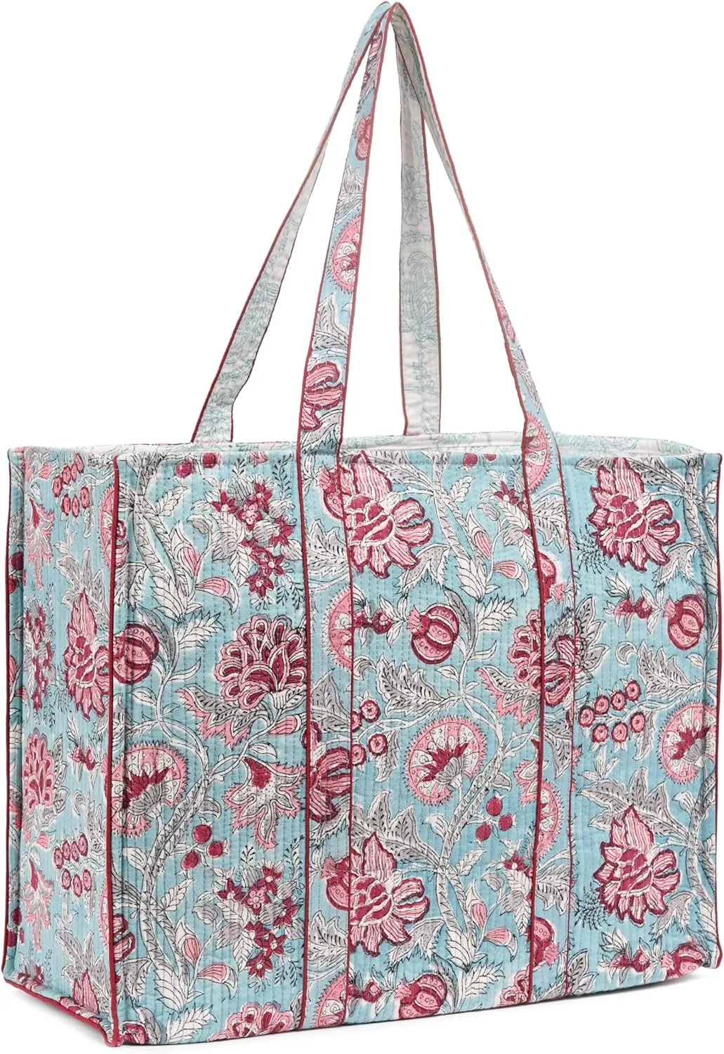 Cotton Hand Block Floral Print Tote For Women Handbag For Work Laptop Bag Foldable Travel Beach Shoulder bag