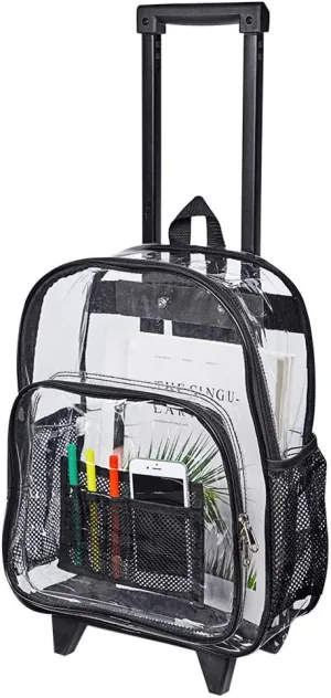 COVAX Rolling Clear Backpack, Heavy Duty See Through Bookbag, Transparent PVC Cold-resistant Backpack with Wheels (Black)