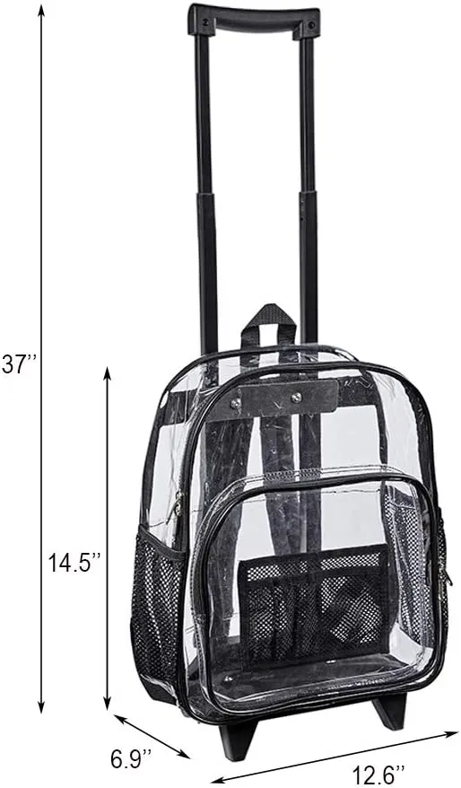 COVAX Rolling Clear Backpack, Heavy Duty See Through Bookbag, Transparent PVC Cold-resistant Backpack with Wheels (Black)