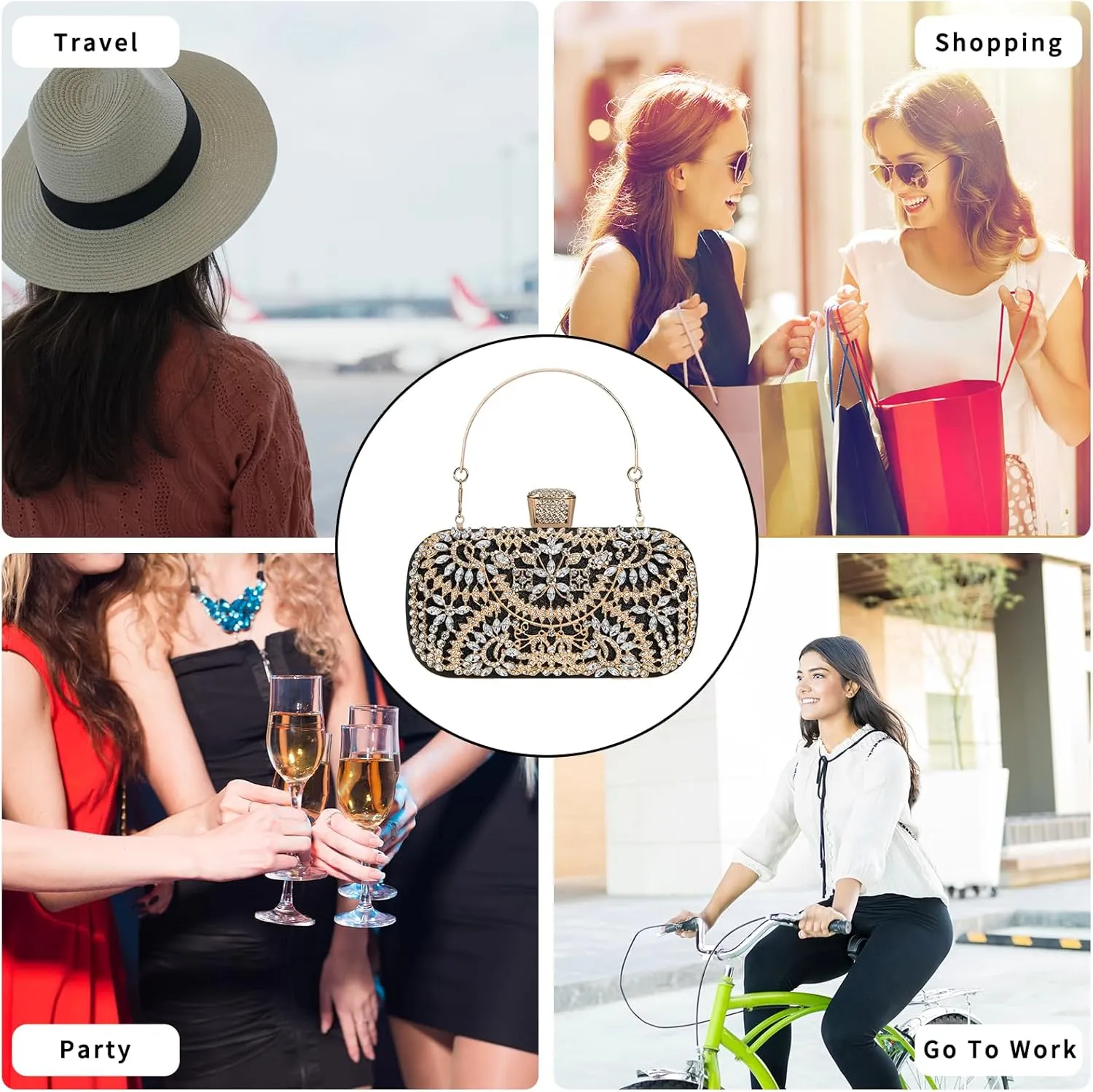 Covelin Women's Rhinestone Decorated Evening Bag, Tote Shoulder Crossbody Handbag with Chain
