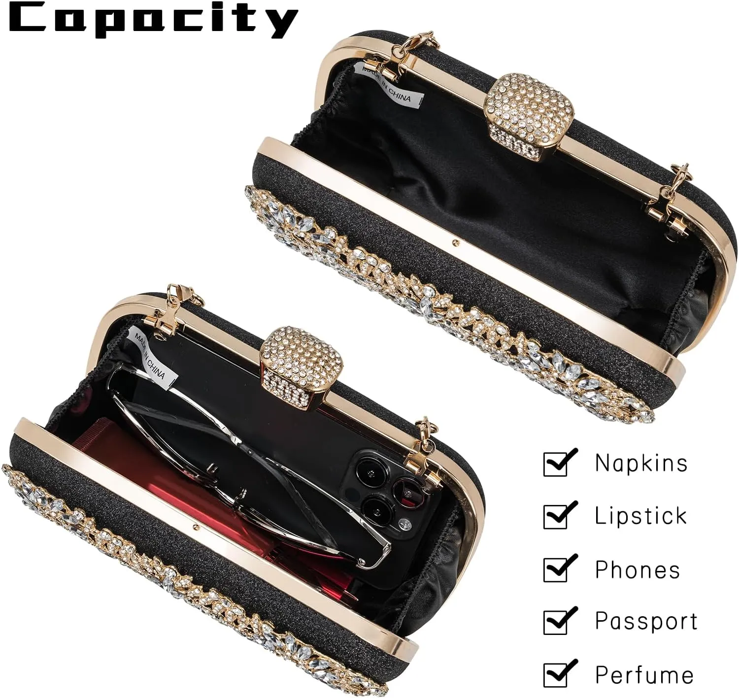 Covelin Women's Rhinestone Decorated Evening Bag, Tote Shoulder Crossbody Handbag with Chain