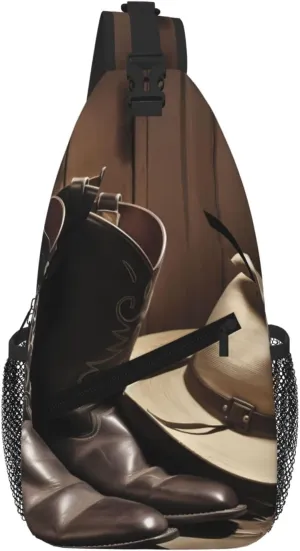 Cowboy Black Hat Western Boots Sling Bag For Women Men Travel Hiking Backpack Crossbody Shoulder Chest Bags Casual Daypack