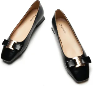 C.Paravano Women's Chunky Block Heel Ballet Flats-Square Toe Bowknot Pumps|for Women Dressy,Office Work Shoes,Wedding Guest Attire,Spring Dressy Footwear|Solid Colors(Black,10.5)