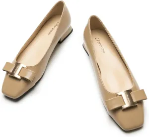 C.Paravano Women's Chunky Block Heel Ballet Flats-Square Toe Bowknot Pumps|for Women Dressy,Office Work Shoes,Wedding Guest Attire,Spring Dressy Footwear|Solid Colors(Camel,11.5)