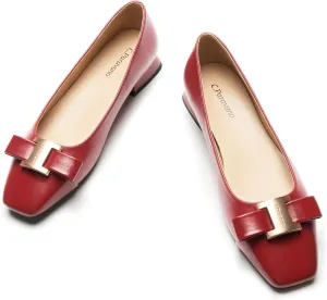 C.Paravano Women's Chunky Block Heel Ballet Flats-Square Toe Bowknot Pumps|for Women Dressy,Office Work Shoes,Wedding Guest Attire,Spring Dressy Footwear|Solid Colors(Red,10.5)