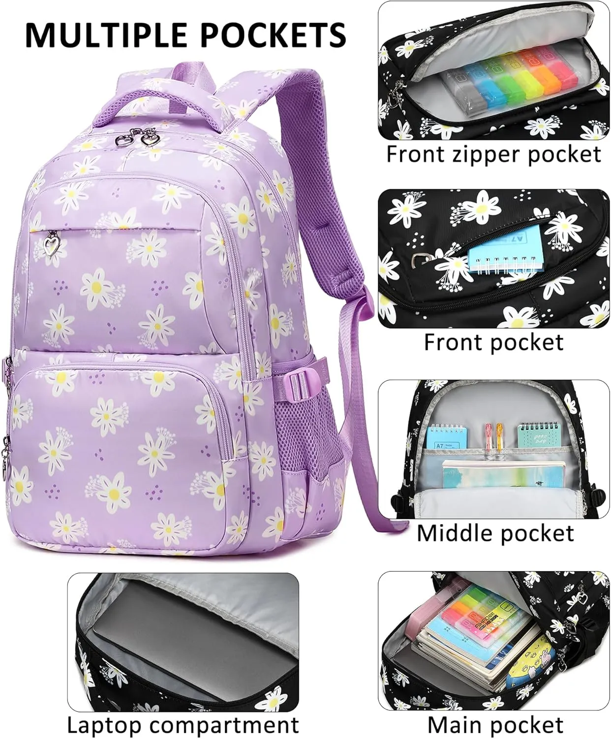 Createy Lightweight Water Resistant Teen Backpacks for Girls School Backpack with Lunch Bag (Daisy Purple)