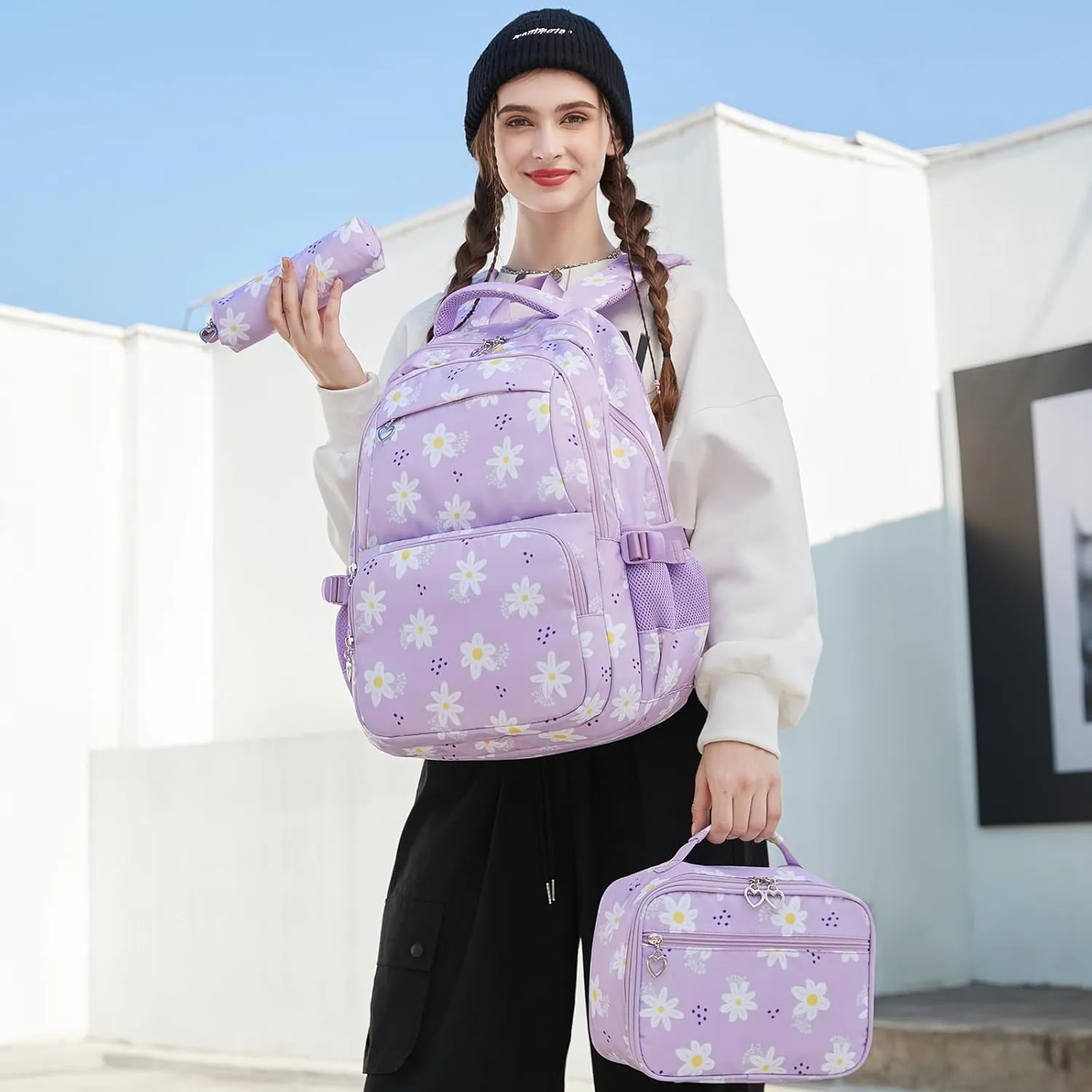 Createy Lightweight Water Resistant Teen Backpacks for Girls School Backpack with Lunch Bag (Daisy Purple)