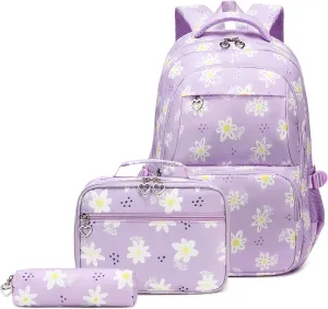 Createy Lightweight Water Resistant Teen Backpacks for Girls School Backpack with Lunch Bag (Daisy Purple)