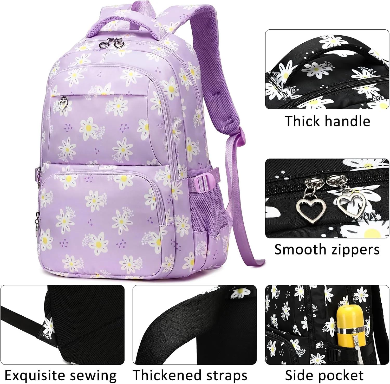 Createy Lightweight Water Resistant Teen Backpacks for Girls School Backpack with Lunch Bag (Daisy Purple)