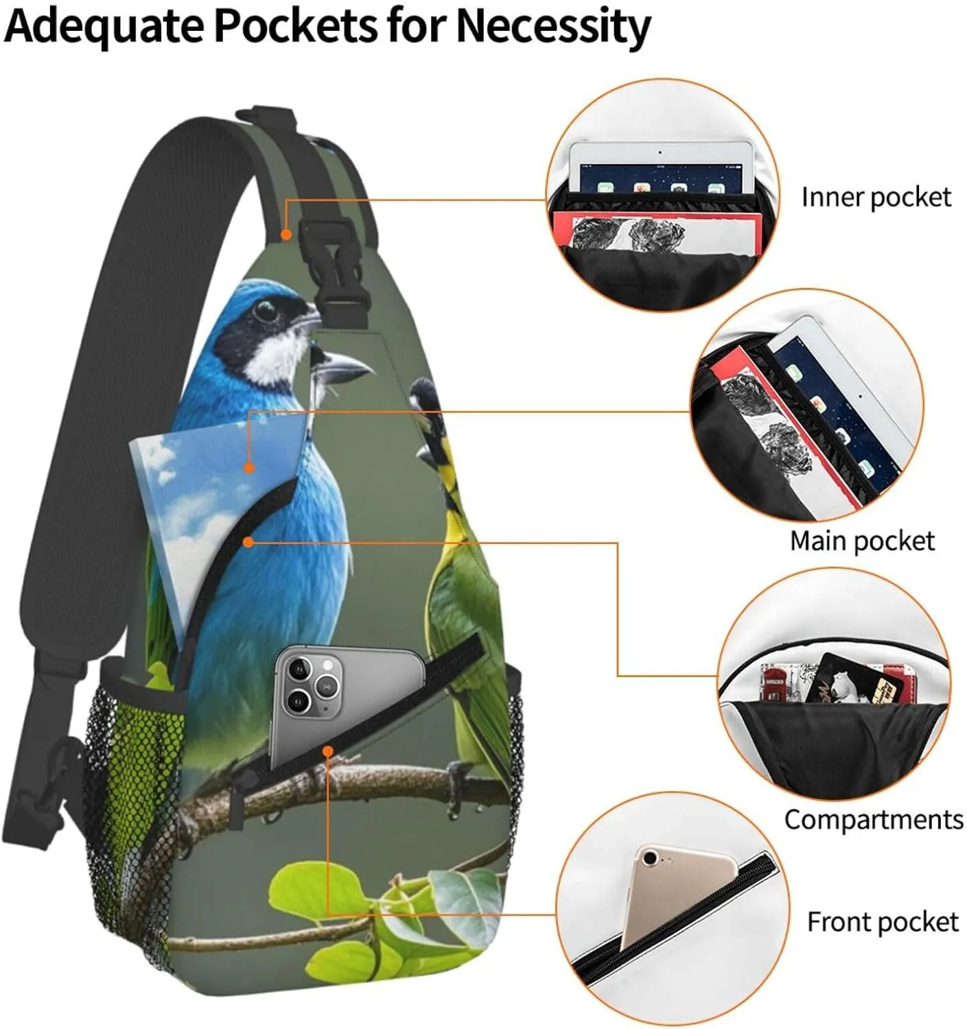 Crossbody Bag for Women Men Birds nature green colors Chest Bag Crossbody Sling Bag Adjustable Shoulder Bag