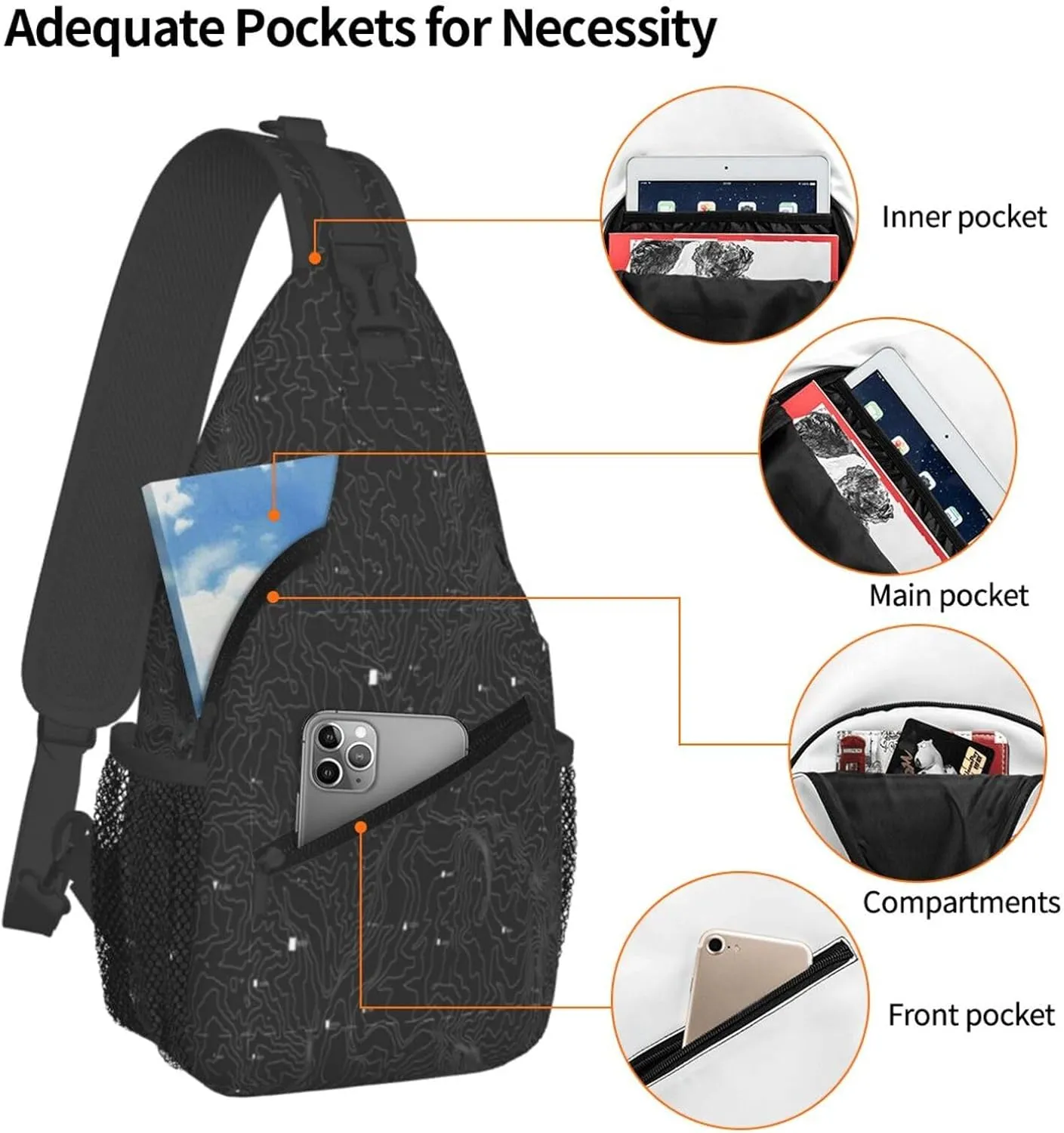 Crossbody Sling Bag for Men Women, Topographic Map Sling Backpack Shoulder Chest Bag, Anti Theft Travel Hiking Daypacks