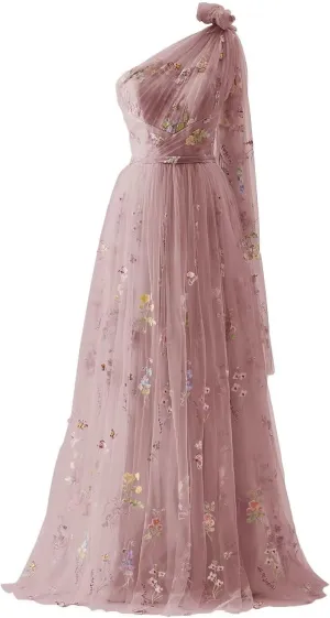 Cudiew Flower Embroidery Tulle Prom Dress for Women One Shoulder Formal Floral Party Gowns Floor Length