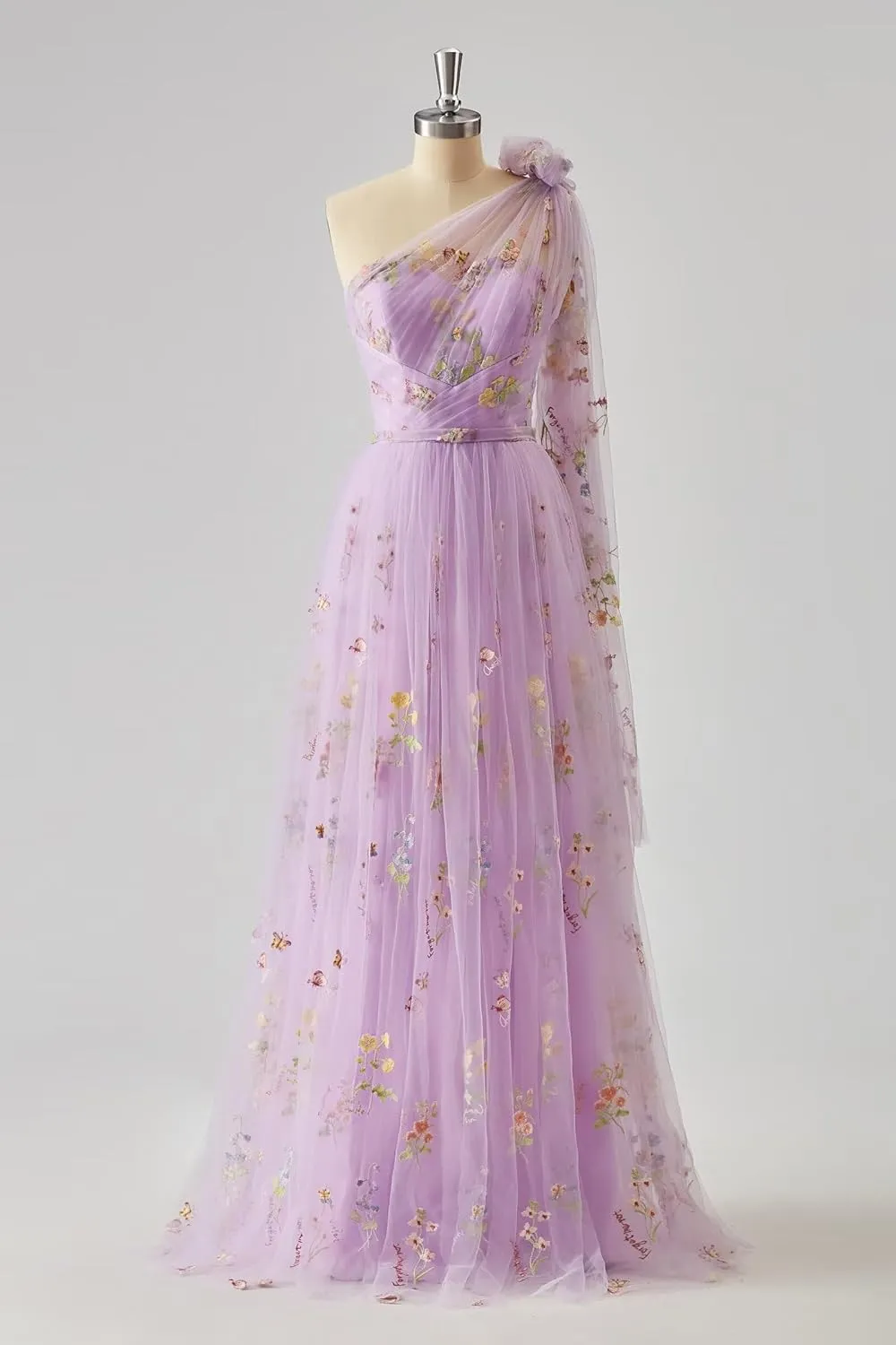 Cudiew Flower Embroidery Tulle Prom Dress for Women One Shoulder Formal Floral Party Gowns Floor Length