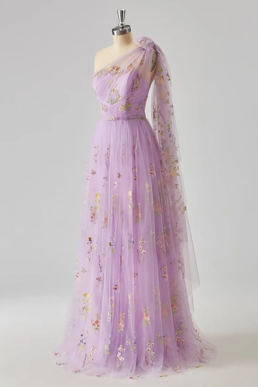 Cudiew Flower Embroidery Tulle Prom Dress for Women One Shoulder Formal Floral Party Gowns Floor Length