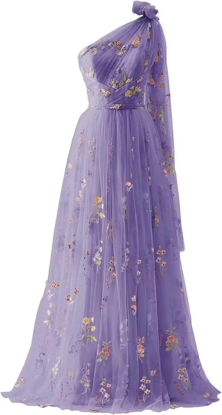 Cudiew Flower Embroidery Tulle Prom Dress for Women One Shoulder Formal Floral Party Gowns Floor Length