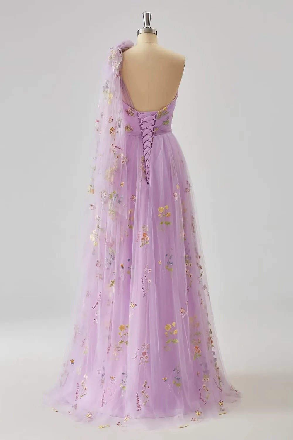 Cudiew Flower Embroidery Tulle Prom Dress for Women One Shoulder Formal Floral Party Gowns Floor Length