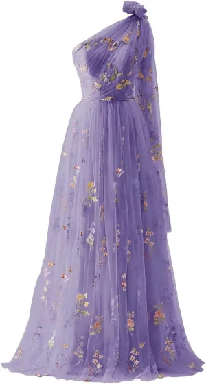 Cudiew Flower Embroidery Tulle Prom Dress for Women One Shoulder Formal Floral Party Gowns Floor Length