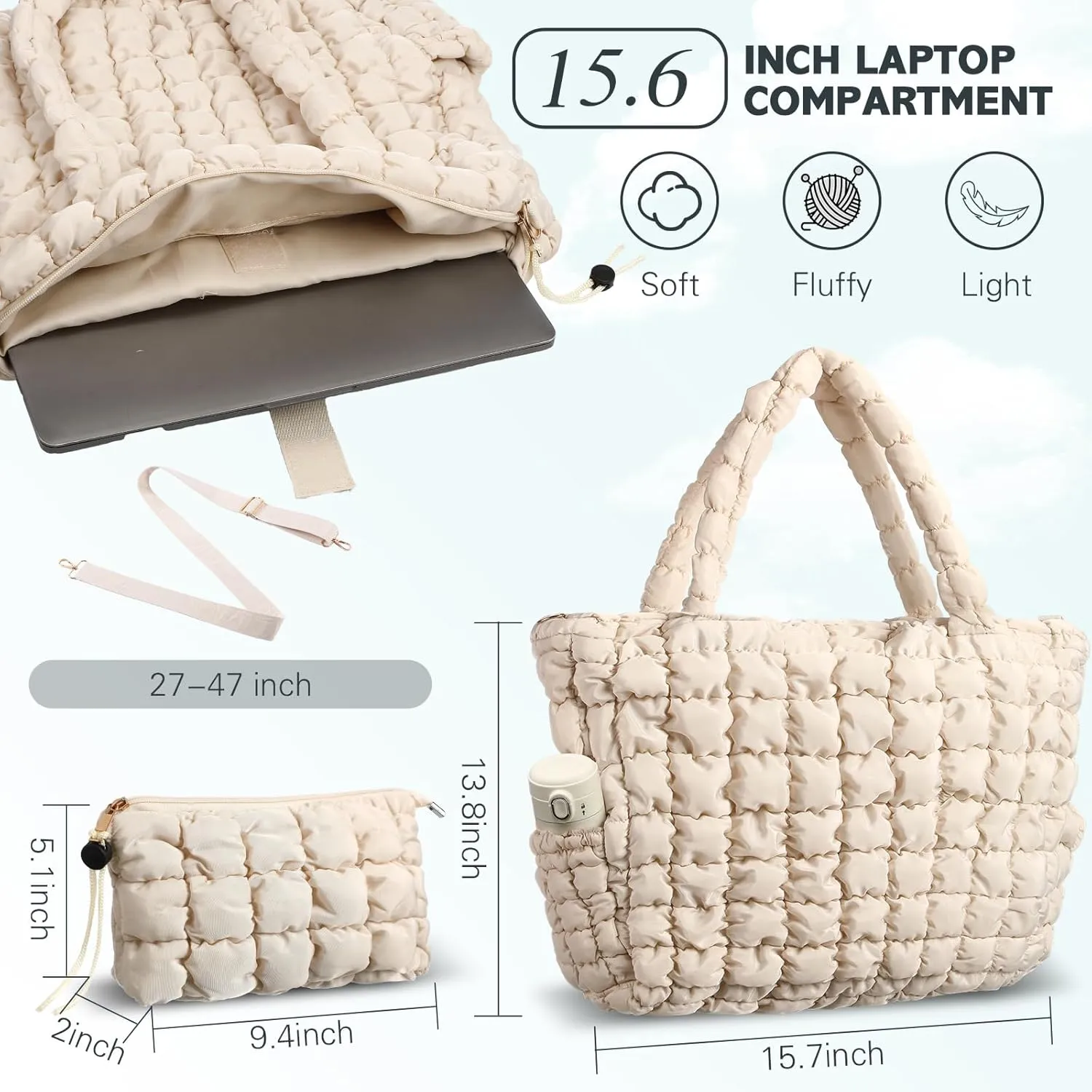 Cunno Quilted Puffer Tote Laptop Bag with Small Storage Bag for Women Quilted Light Work Puffy Tote