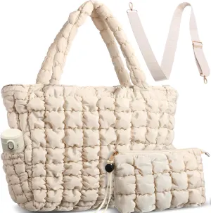 Cunno Quilted Puffer Tote Laptop Bag with Small Storage Bag for Women Quilted Light Work Puffy Tote
