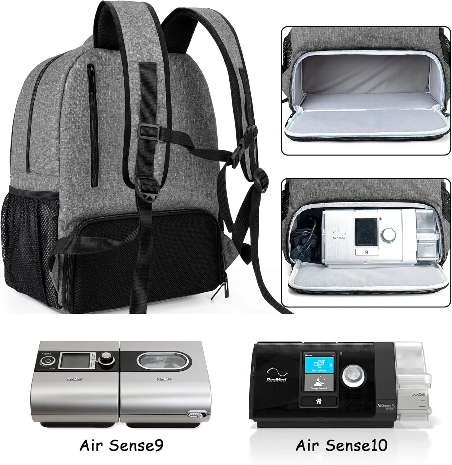 CURMIO CPAP Travel Backpack - Compatible for ResMed AirSense & Philips System One, Carry On Bag for CPAP Machine & Supplies, Gray, Patent Design