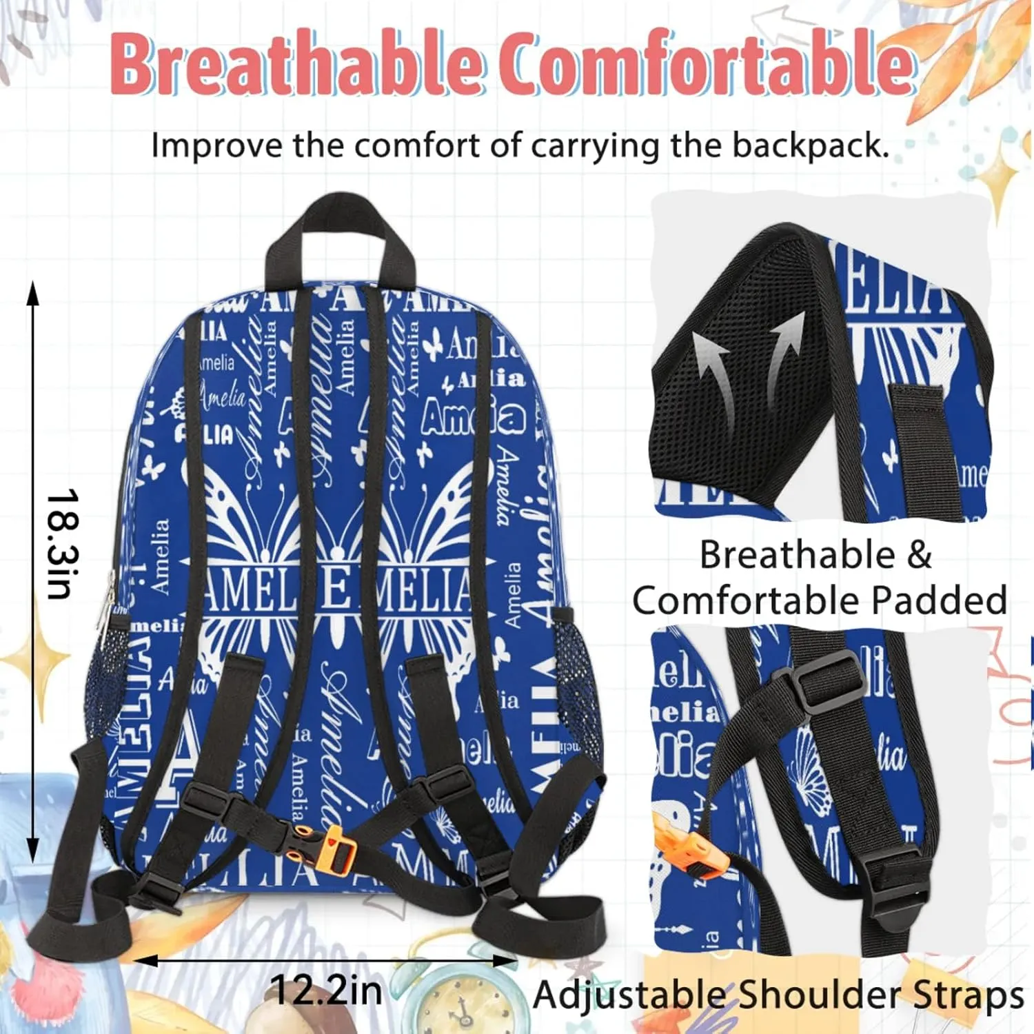 Custom Backpacks with Lunch Bag Set for Women Men, Personalized Name Backpack and Portable Lunch Box, Lightweight Cobalt Blue Butterfly BackPack