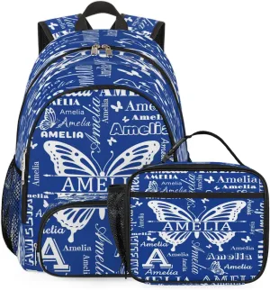 Custom Backpacks with Lunch Bag Set for Women Men, Personalized Name Backpack and Portable Lunch Box, Lightweight Cobalt Blue Butterfly BackPack