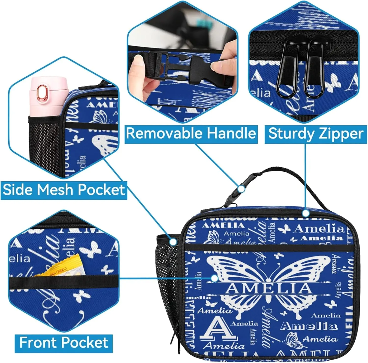 Custom Backpacks with Lunch Bag Set for Women Men, Personalized Name Backpack and Portable Lunch Box, Lightweight Cobalt Blue Butterfly BackPack