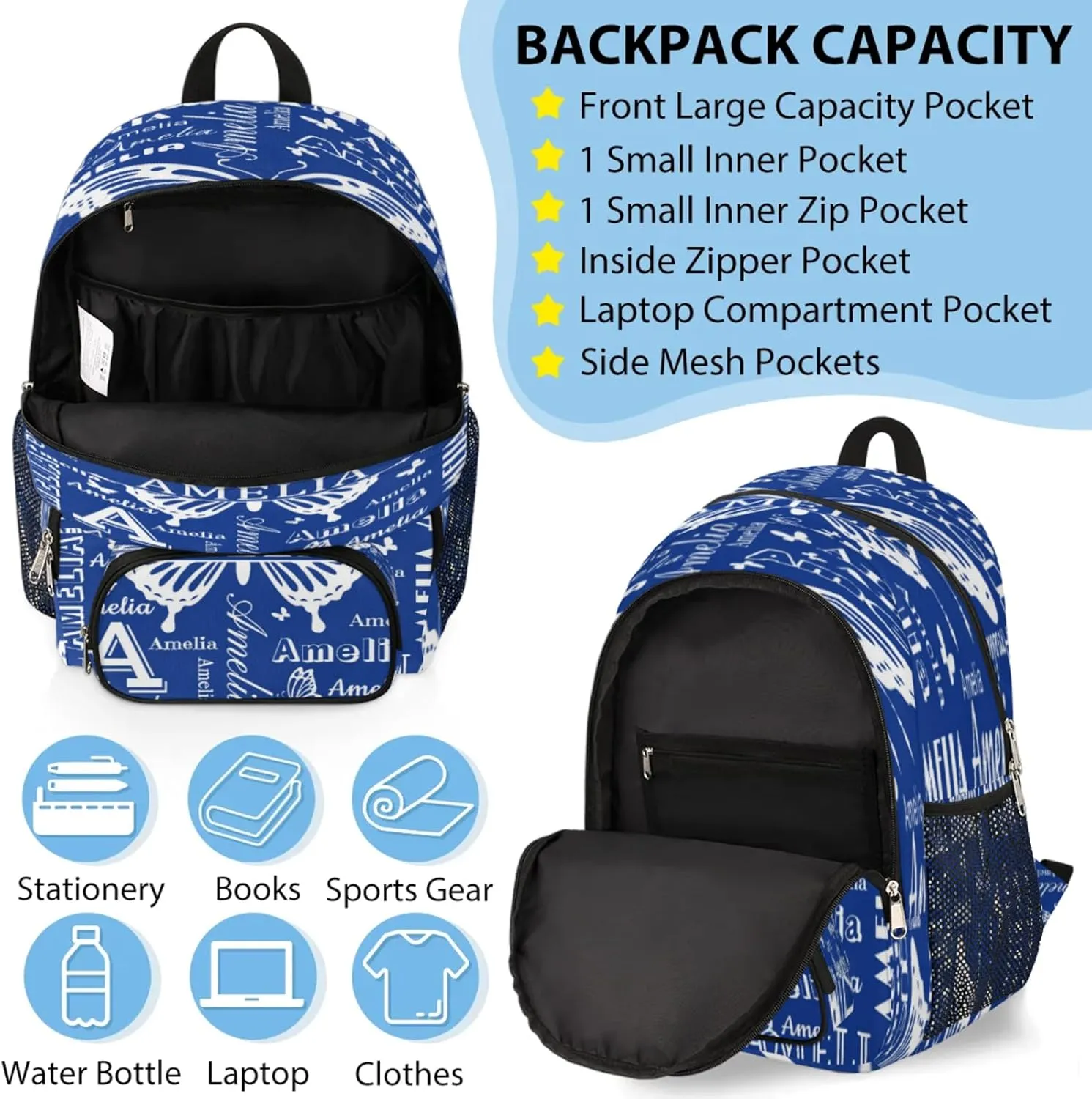 Custom Backpacks with Lunch Bag Set for Women Men, Personalized Name Backpack and Portable Lunch Box, Lightweight Cobalt Blue Butterfly BackPack