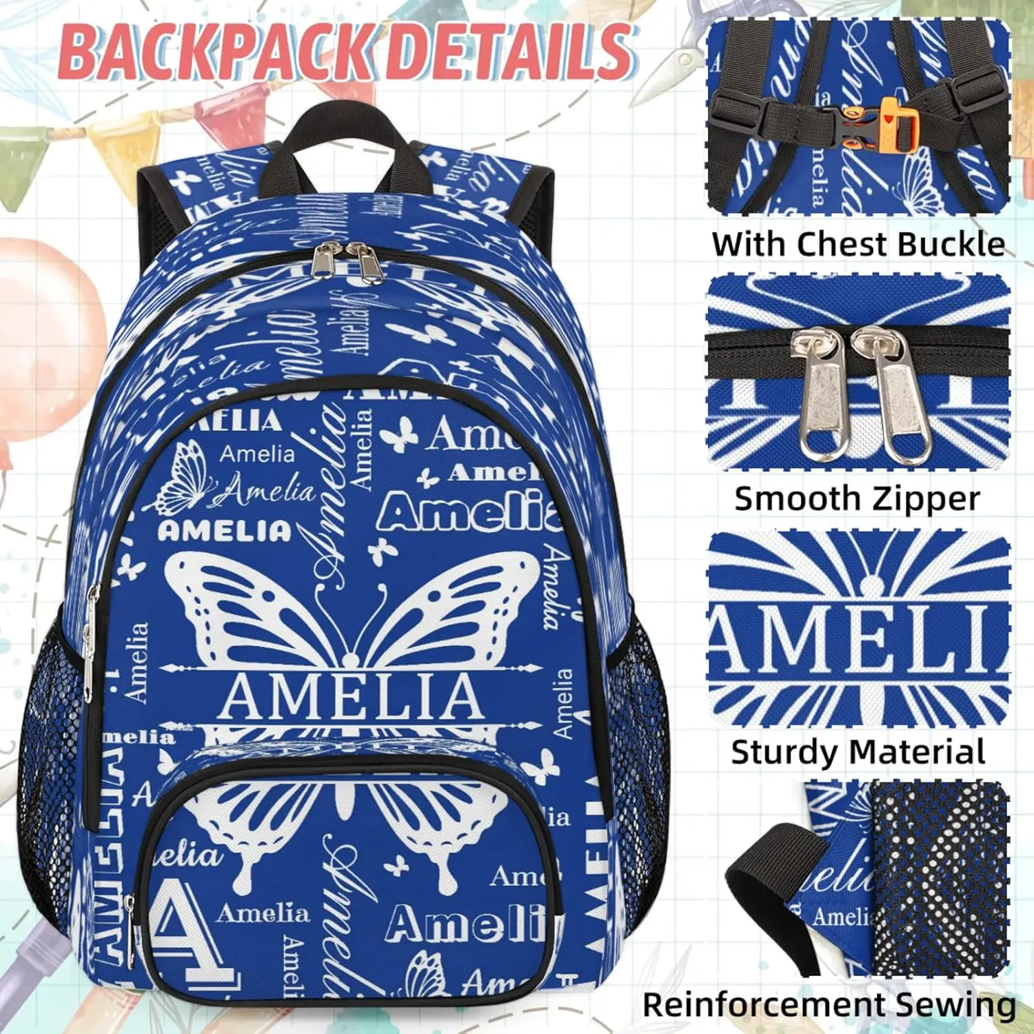 Custom Backpacks with Lunch Bag Set for Women Men, Personalized Name Backpack and Portable Lunch Box, Lightweight Cobalt Blue Butterfly BackPack