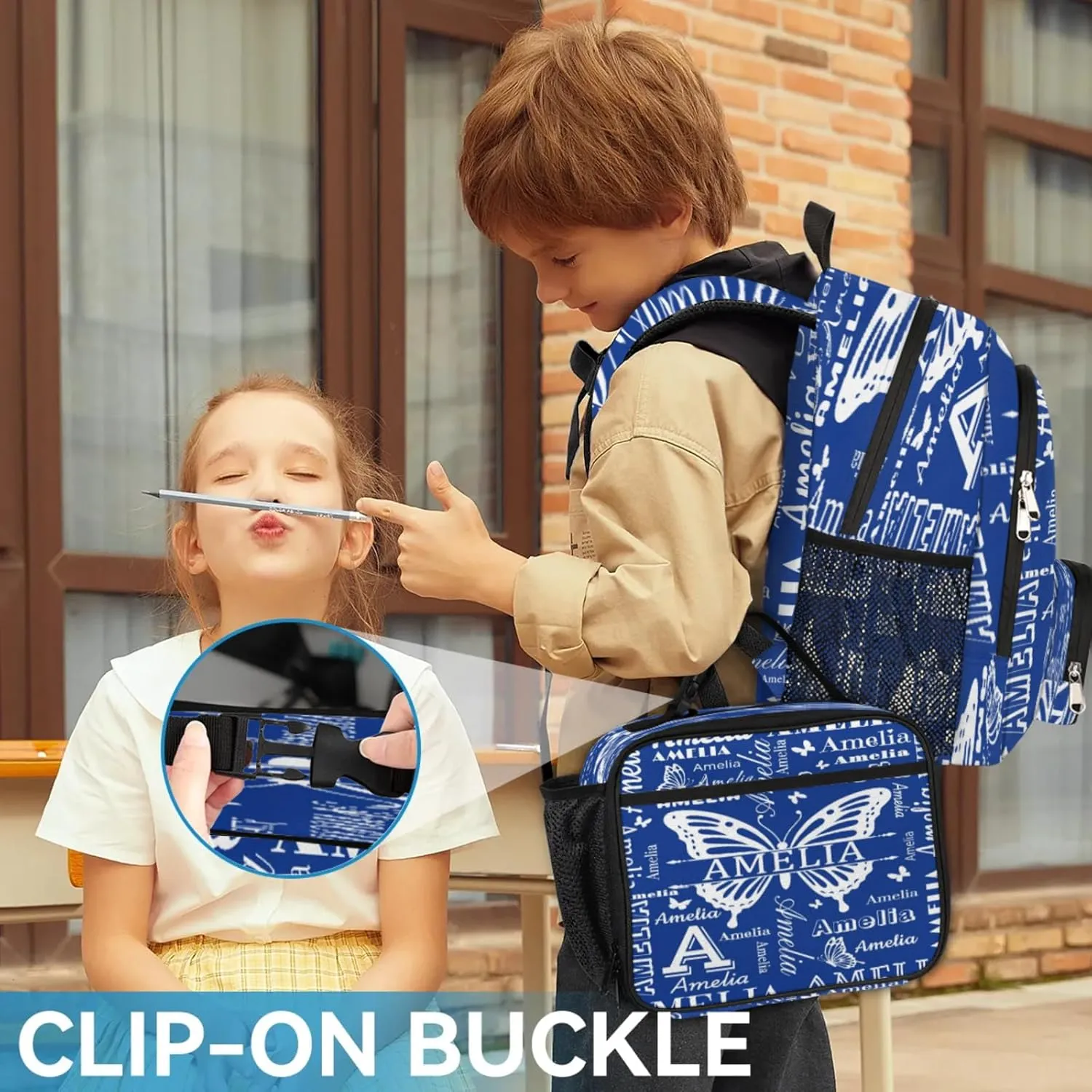 Custom Backpacks with Lunch Bag Set for Women Men, Personalized Name Backpack and Portable Lunch Box, Lightweight Cobalt Blue Butterfly BackPack