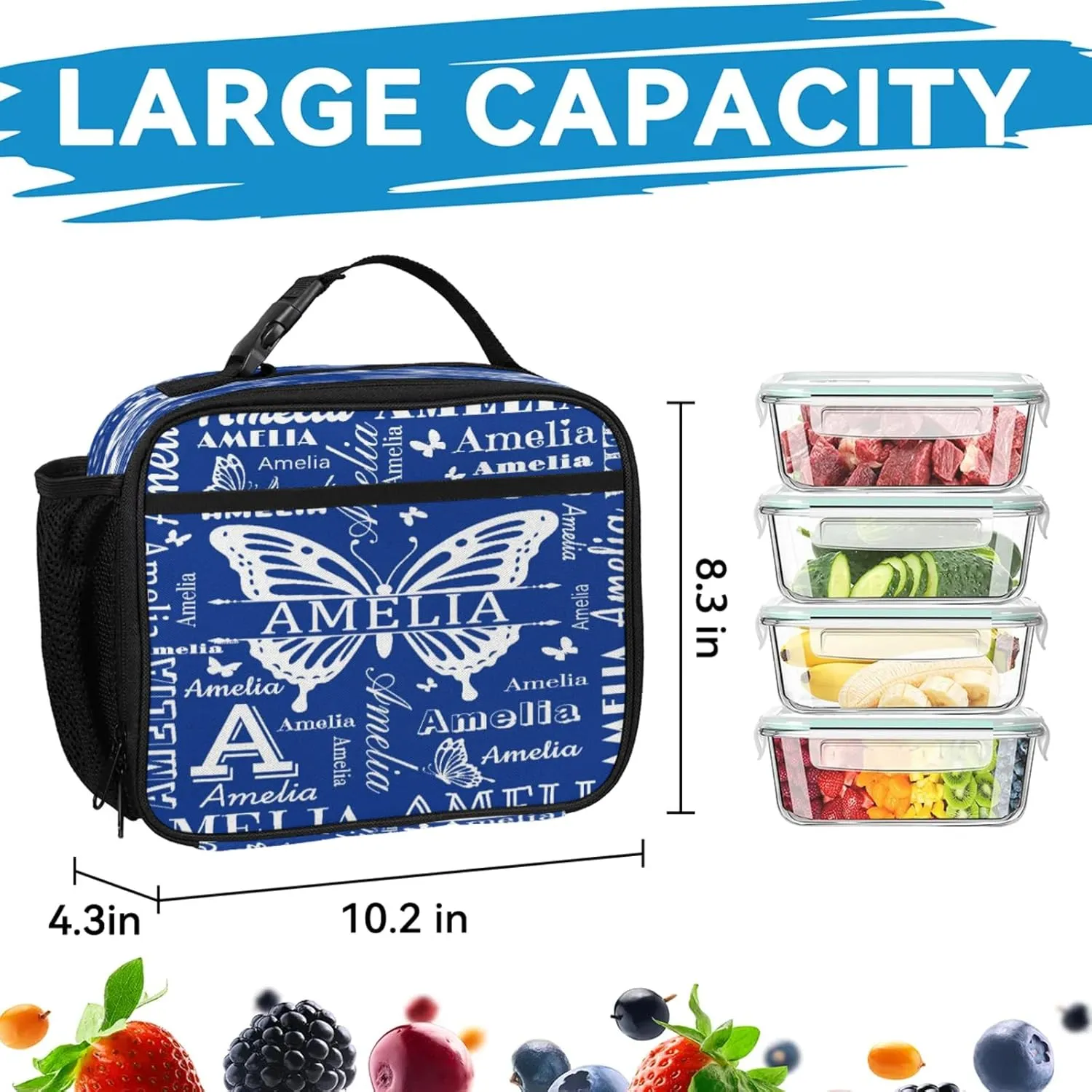 Custom Backpacks with Lunch Bag Set for Women Men, Personalized Name Backpack and Portable Lunch Box, Lightweight Cobalt Blue Butterfly BackPack