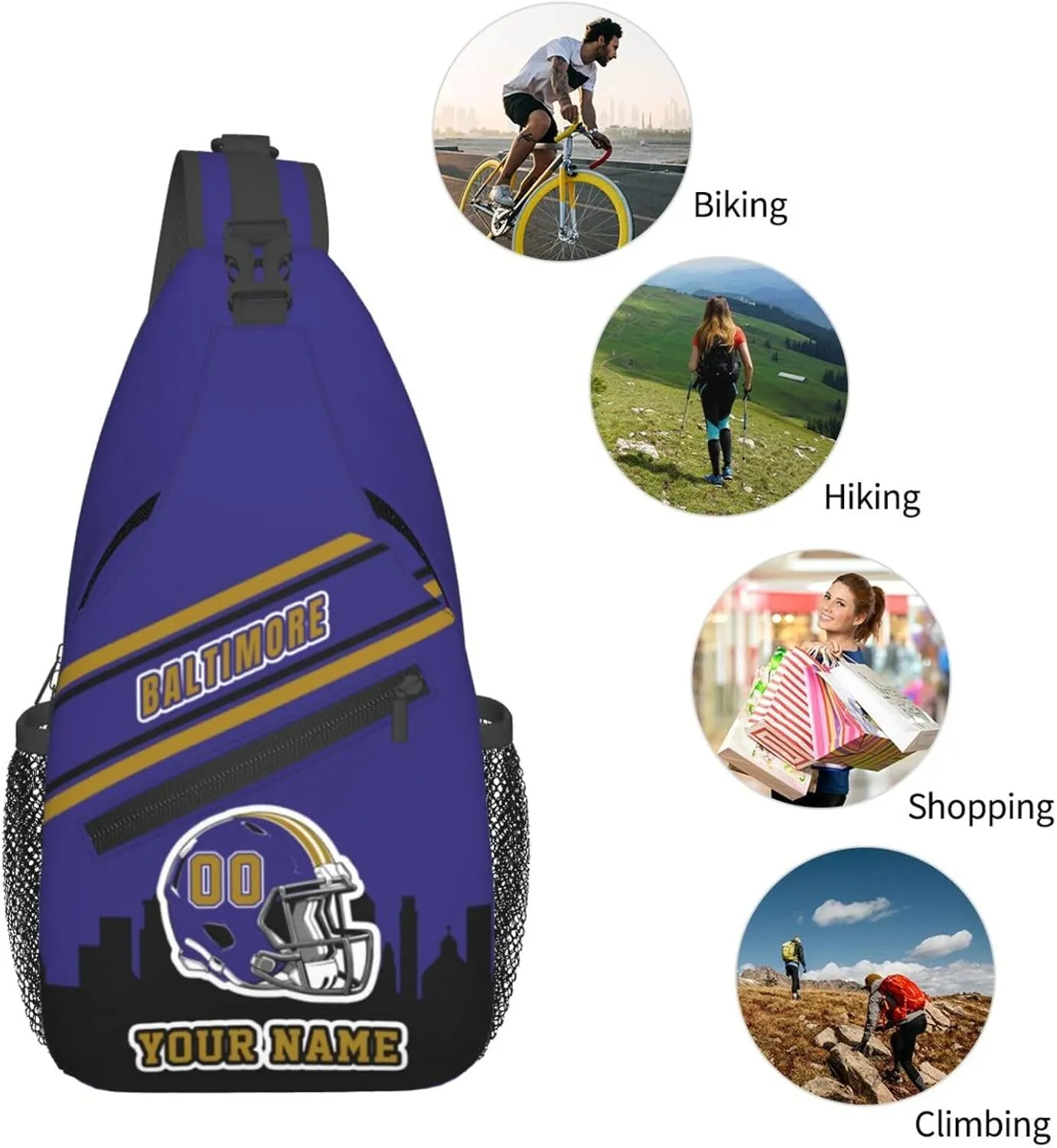 Custom Baltimore Sling Bag, Personalized Crossbody Bags For Men Women, Customize Name And Number Sling Shoulder Backpack For Travel Hiking Daypack Sports Outdoor