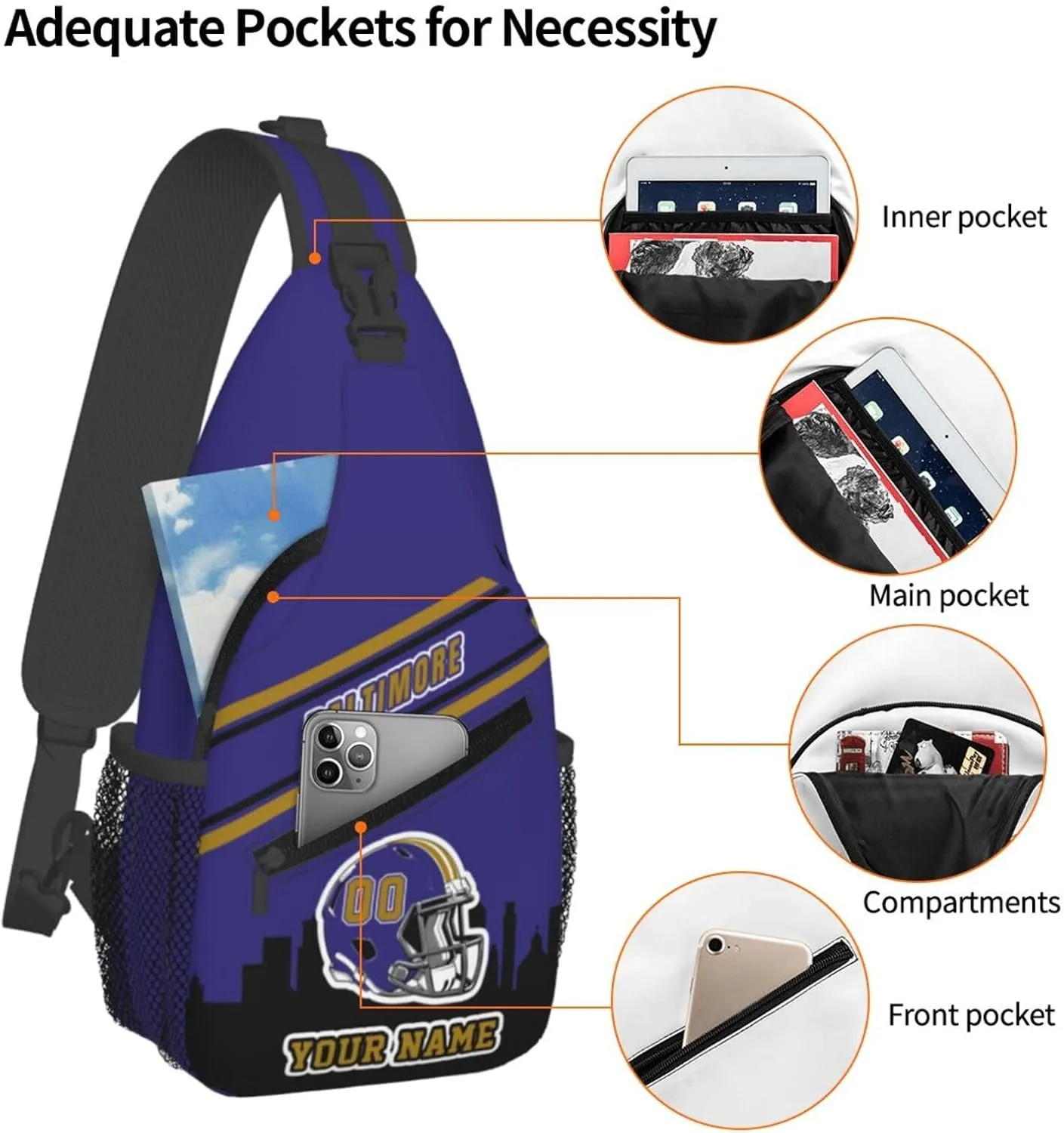 Custom Baltimore Sling Bag, Personalized Crossbody Bags For Men Women, Customize Name And Number Sling Shoulder Backpack For Travel Hiking Daypack Sports Outdoor