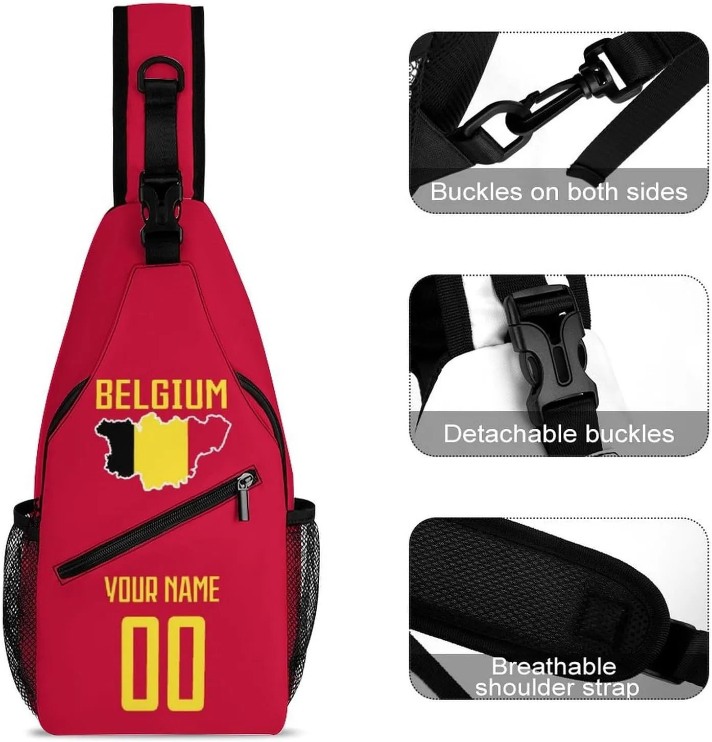 Custom Belgium Sling Bag,Soccer Chest Bag,Personalized Any Name Number Crossbody Backpack,Cycling Travel Daypack For Men Women