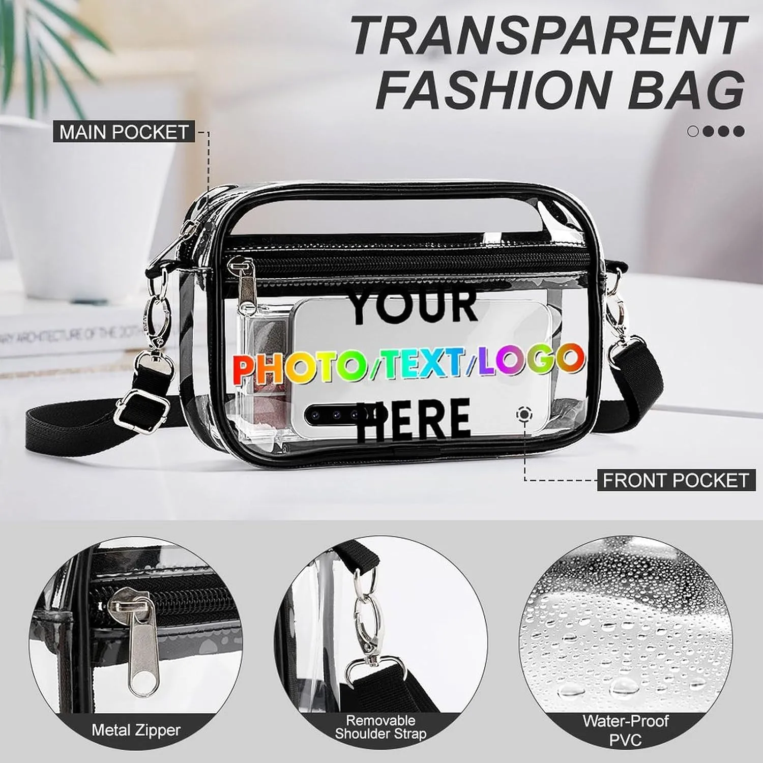 Custom Clear Crossbody Bag with Name/Photo/Text,Personalized Transparent Bag for Concert,Beach,Travel & Sports