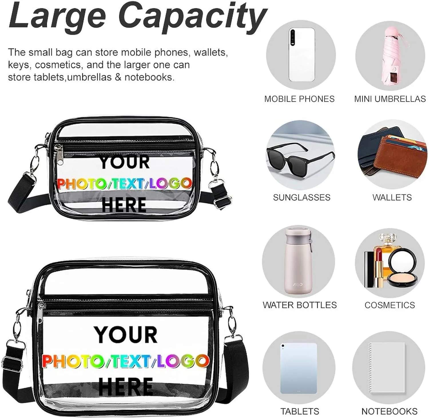 Custom Clear Crossbody Bag with Name/Photo/Text,Personalized Transparent Bag for Concert,Beach,Travel & Sports
