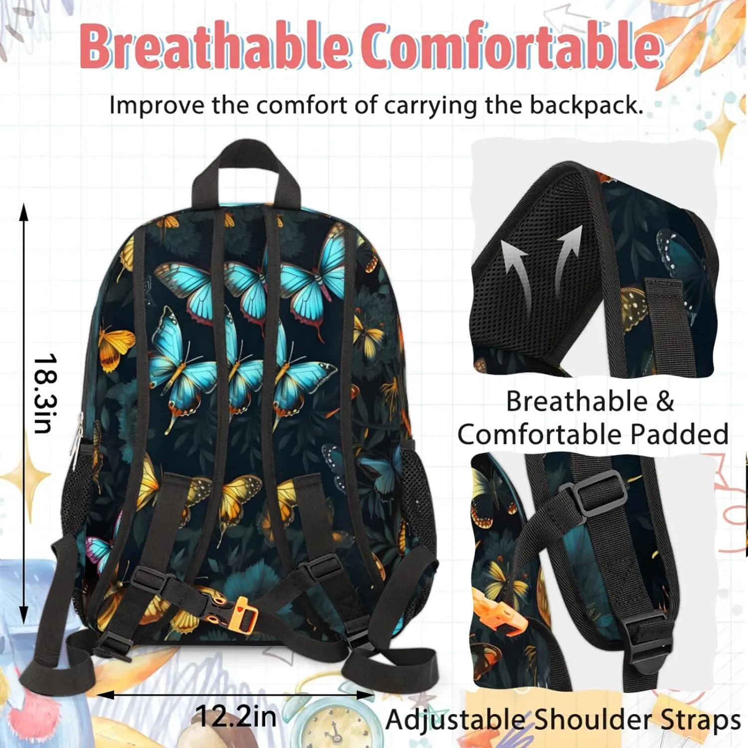 Custom Name Backpack with Lunch Box Set, Retro Butterfly Personalized Backpacks and Lunch Bag Shoulder Bag Daypack, Customized Gifts with Butterflies