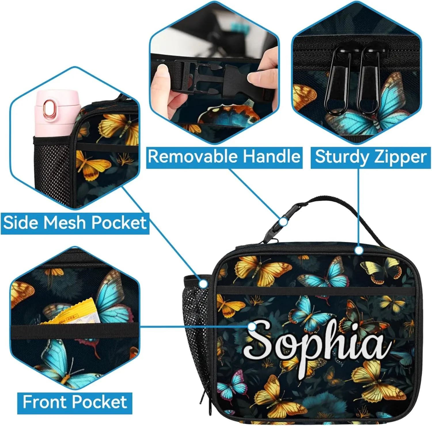 Custom Name Backpack with Lunch Box Set, Retro Butterfly Personalized Backpacks and Lunch Bag Shoulder Bag Daypack, Customized Gifts with Butterflies