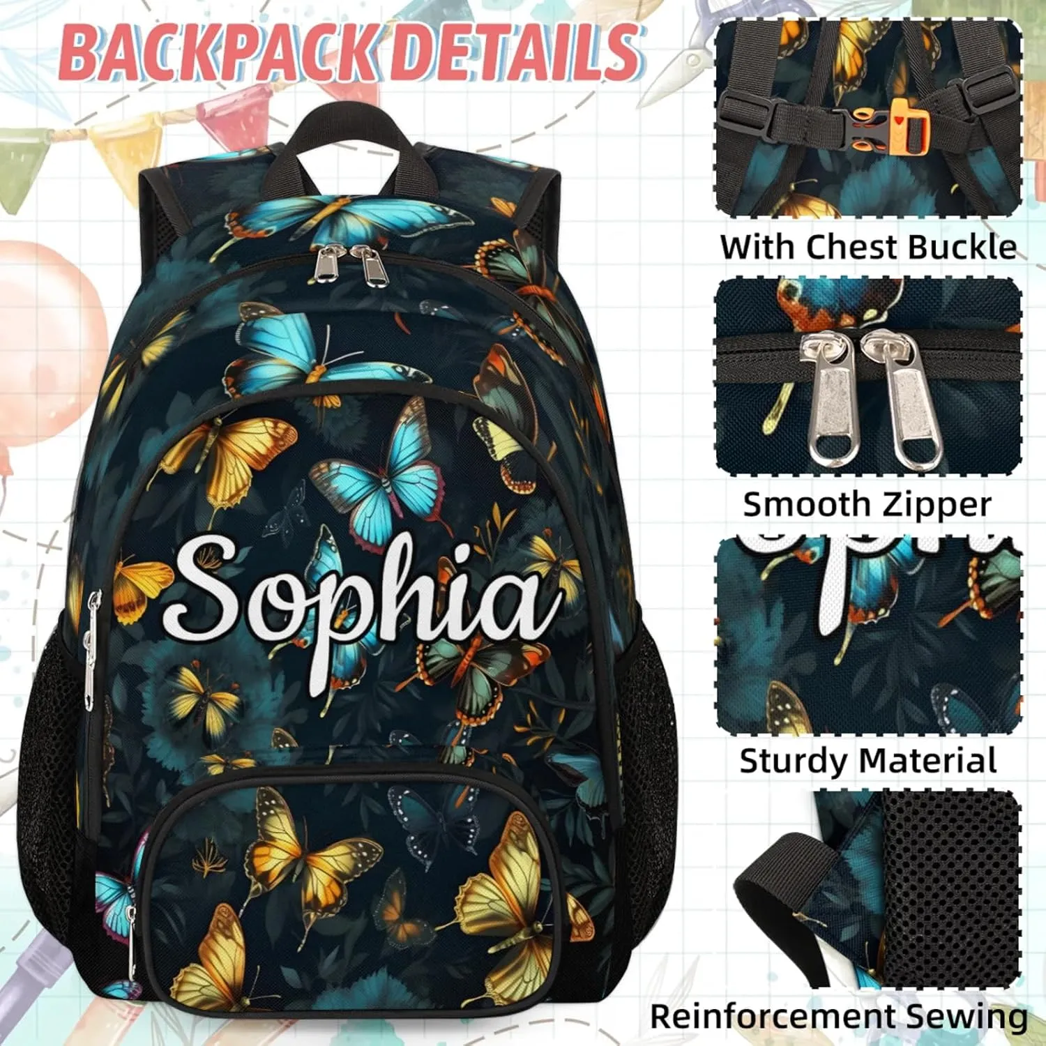 Custom Name Backpack with Lunch Box Set, Retro Butterfly Personalized Backpacks and Lunch Bag Shoulder Bag Daypack, Customized Gifts with Butterflies
