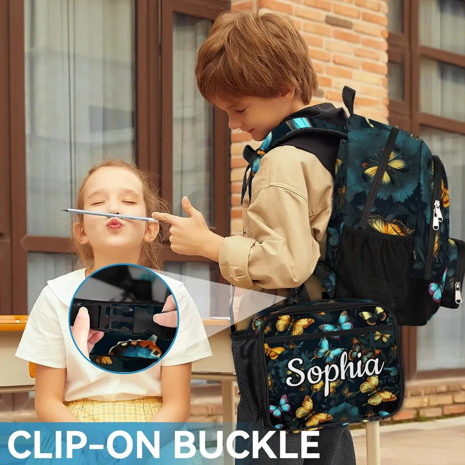 Custom Name Backpack with Lunch Box Set, Retro Butterfly Personalized Backpacks and Lunch Bag Shoulder Bag Daypack, Customized Gifts with Butterflies