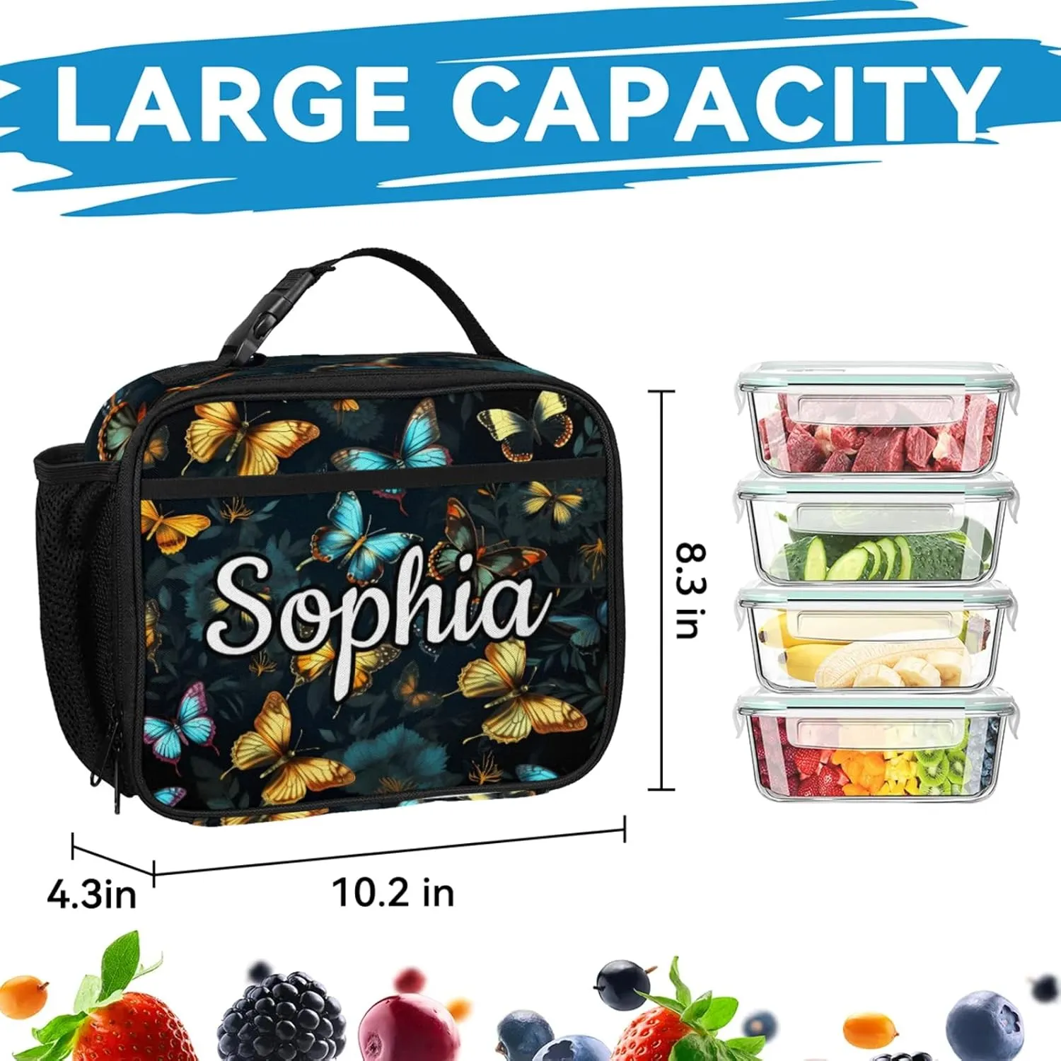 Custom Name Backpack with Lunch Box Set, Retro Butterfly Personalized Backpacks and Lunch Bag Shoulder Bag Daypack, Customized Gifts with Butterflies