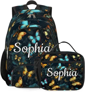 Custom Name Backpack with Lunch Box Set, Retro Butterfly Personalized Backpacks and Lunch Bag Shoulder Bag Daypack, Customized Gifts with Butterflies