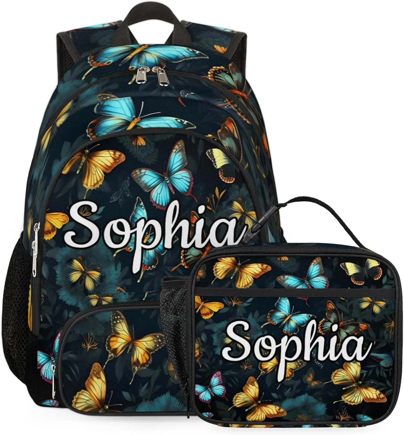 Custom Name Backpack with Lunch Box Set, Retro Butterfly Personalized Backpacks and Lunch Bag Shoulder Bag Daypack, Customized Gifts with Butterflies
