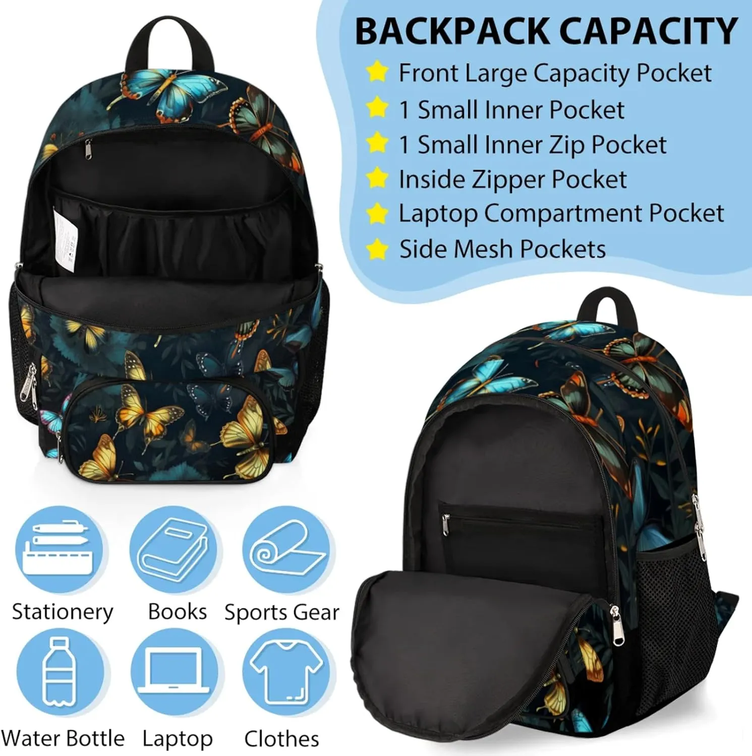 Custom Name Backpack with Lunch Box Set, Retro Butterfly Personalized Backpacks and Lunch Bag Shoulder Bag Daypack, Customized Gifts with Butterflies