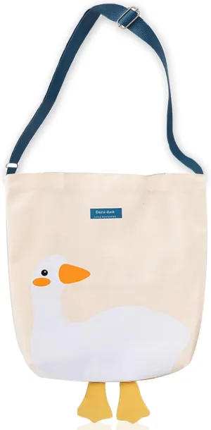 Cute Canvas Tote Bag for Women Reusable Cotton Cloth Bag for Lunch Grocery Shopping and Beach with 3D Duck Design