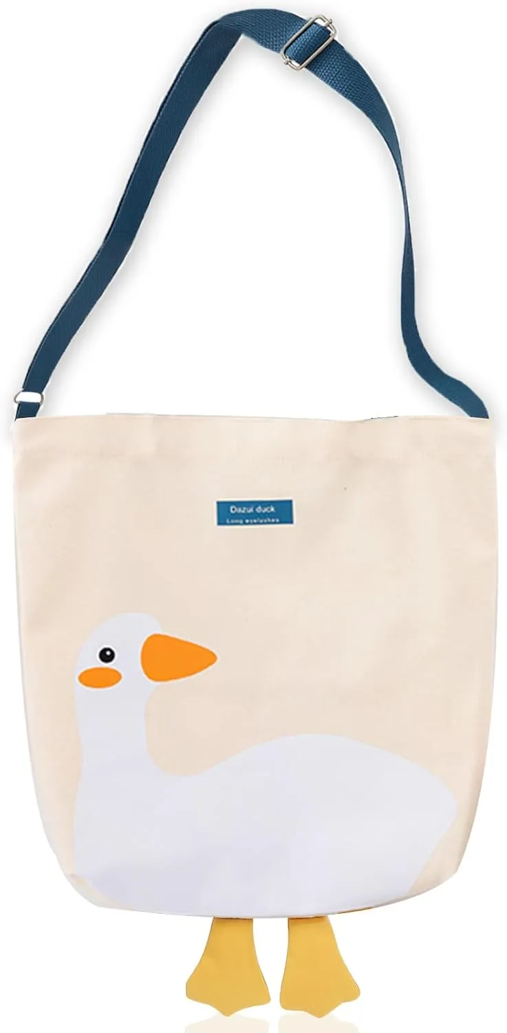 Cute Canvas Tote Bag for Women Reusable Cotton Cloth Bag for Lunch Grocery Shopping and Beach with 3D Duck Design