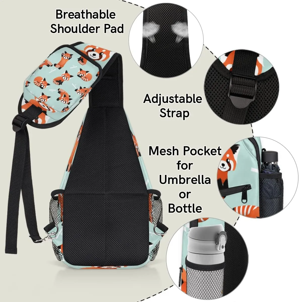 Cute Red Panda Sling Bag Crossbody Sling Backpack Water Resistant Shoulder Bag Outdoor Travel Hiking Chest Bag Daypack for Women Men Unisex