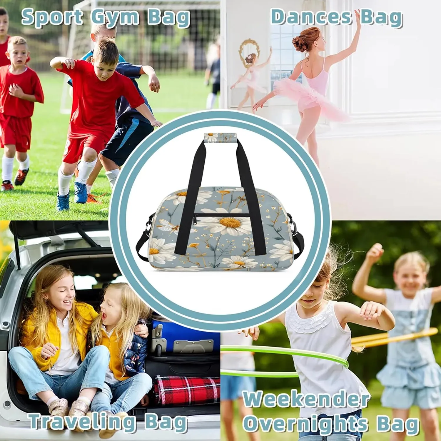 Daisy Floral Small Gym Bag 18 inch Carry On Duffel Bag for Weekender Travel Sports Workout Yoga Gymnastics Dance Ballet