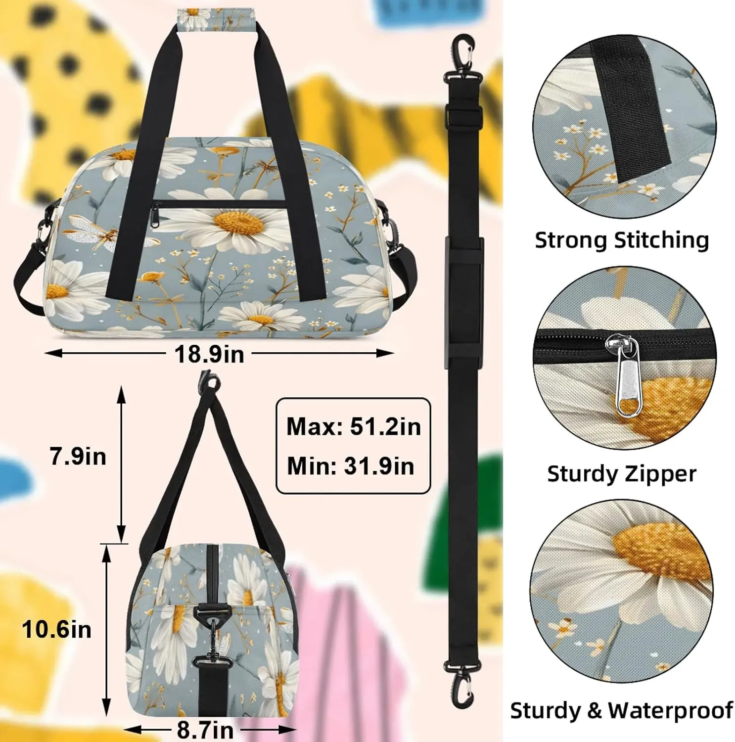 Daisy Floral Small Gym Bag 18 inch Carry On Duffel Bag for Weekender Travel Sports Workout Yoga Gymnastics Dance Ballet