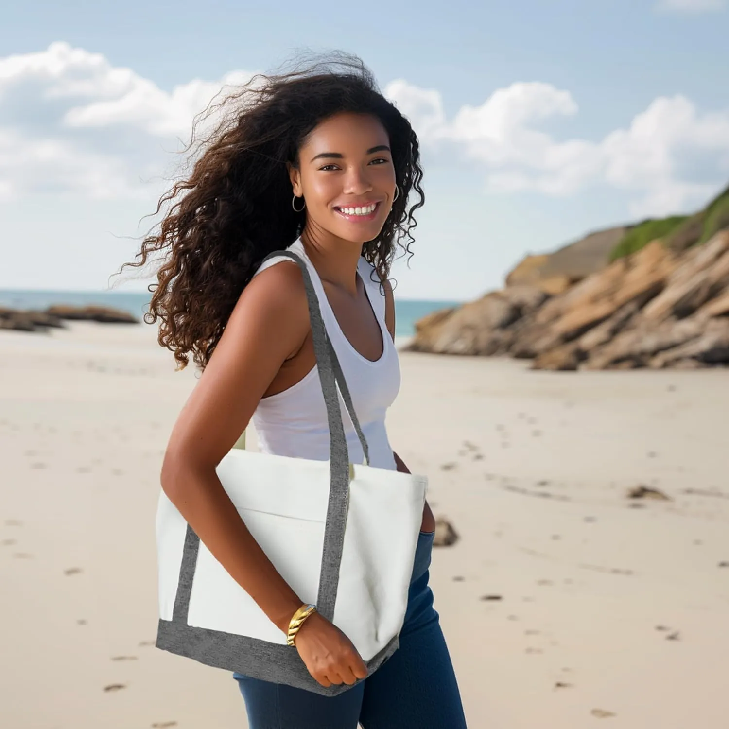DALIX Daily Shoulder Tote Bag Premium Cotton in Gray